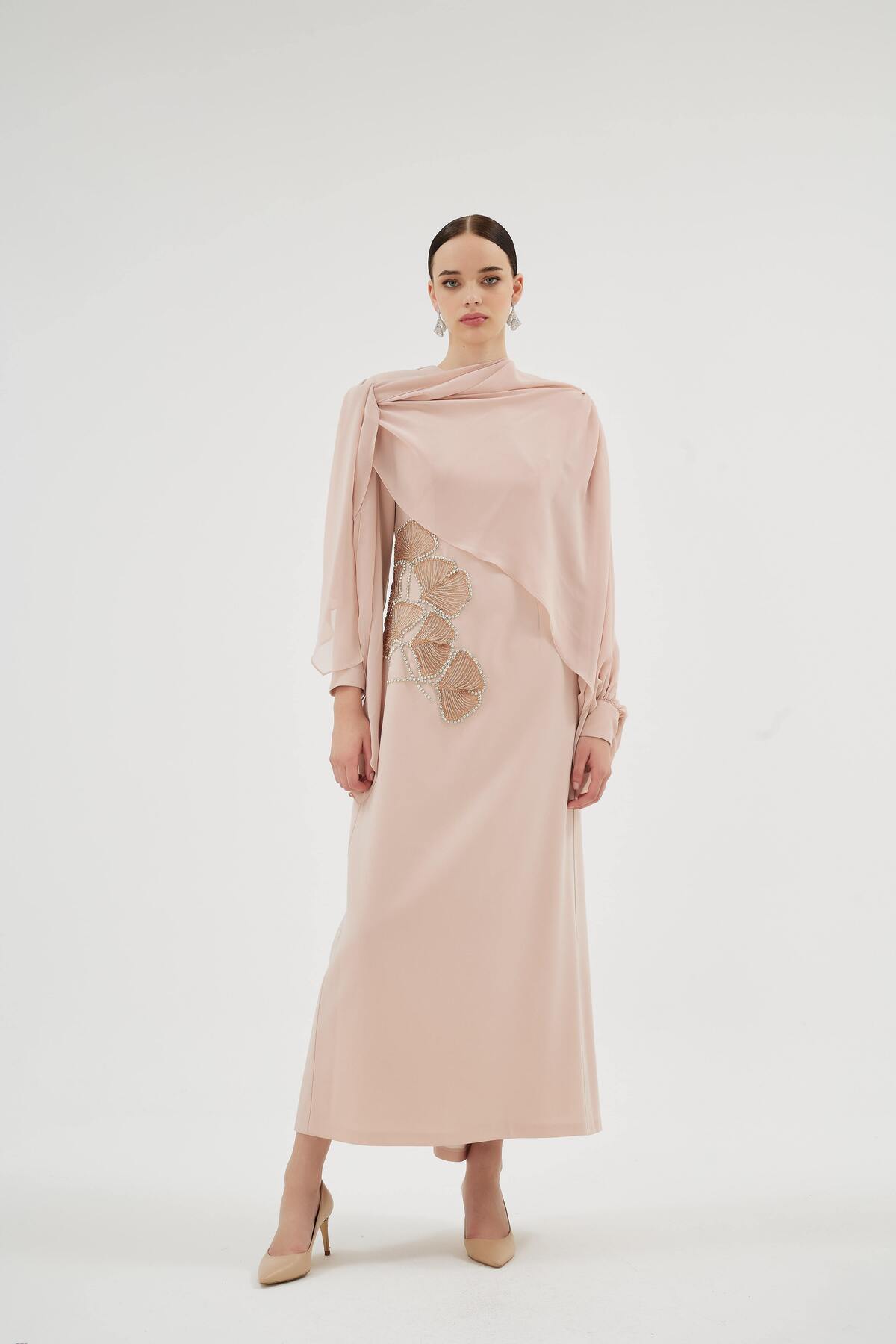 Peony  Nakışlı Elbise Somon