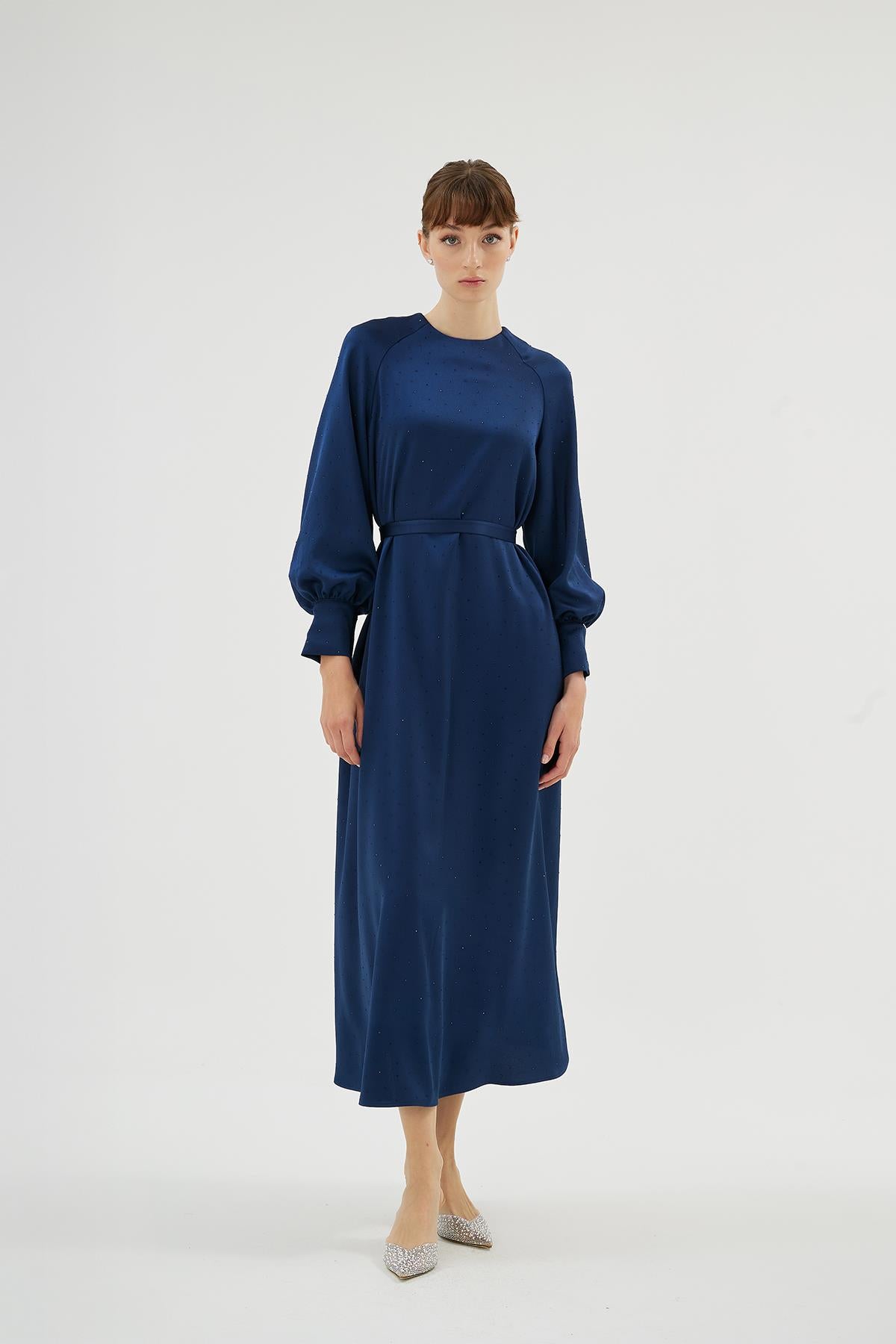 Eliza  Taş Detaylı Uzun Elbise Lacivert