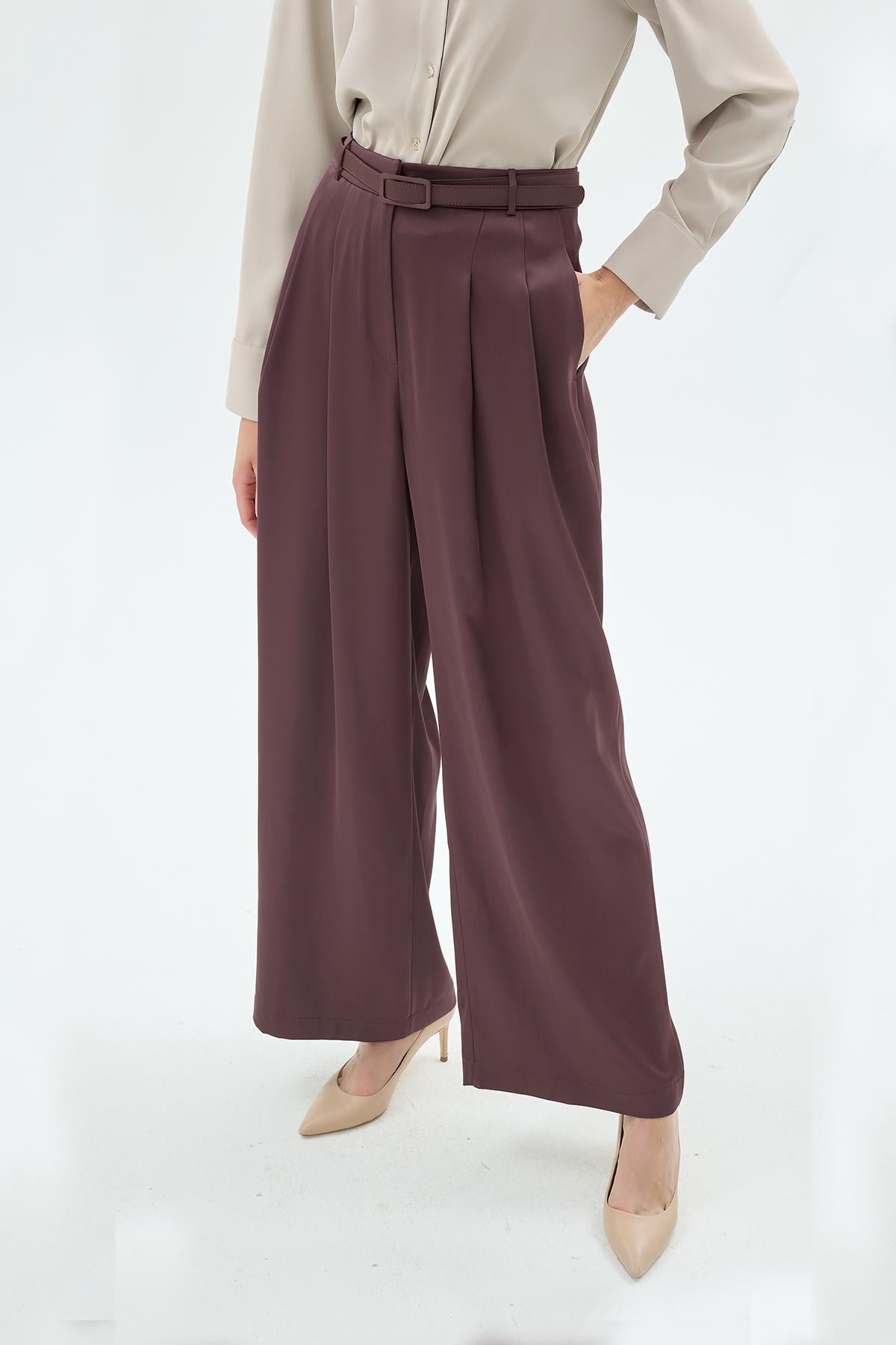 Gigi  Kemerli Bol Paça Pantolon Kahve