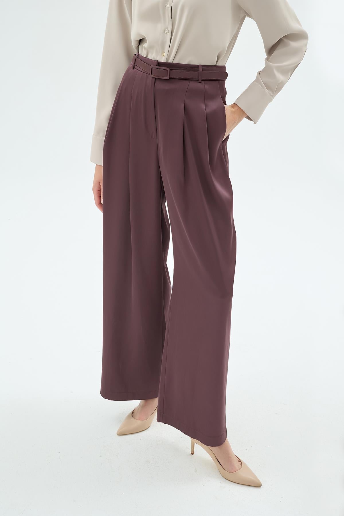 Gigi  Kemerli Bol Paça Pantolon Kahve